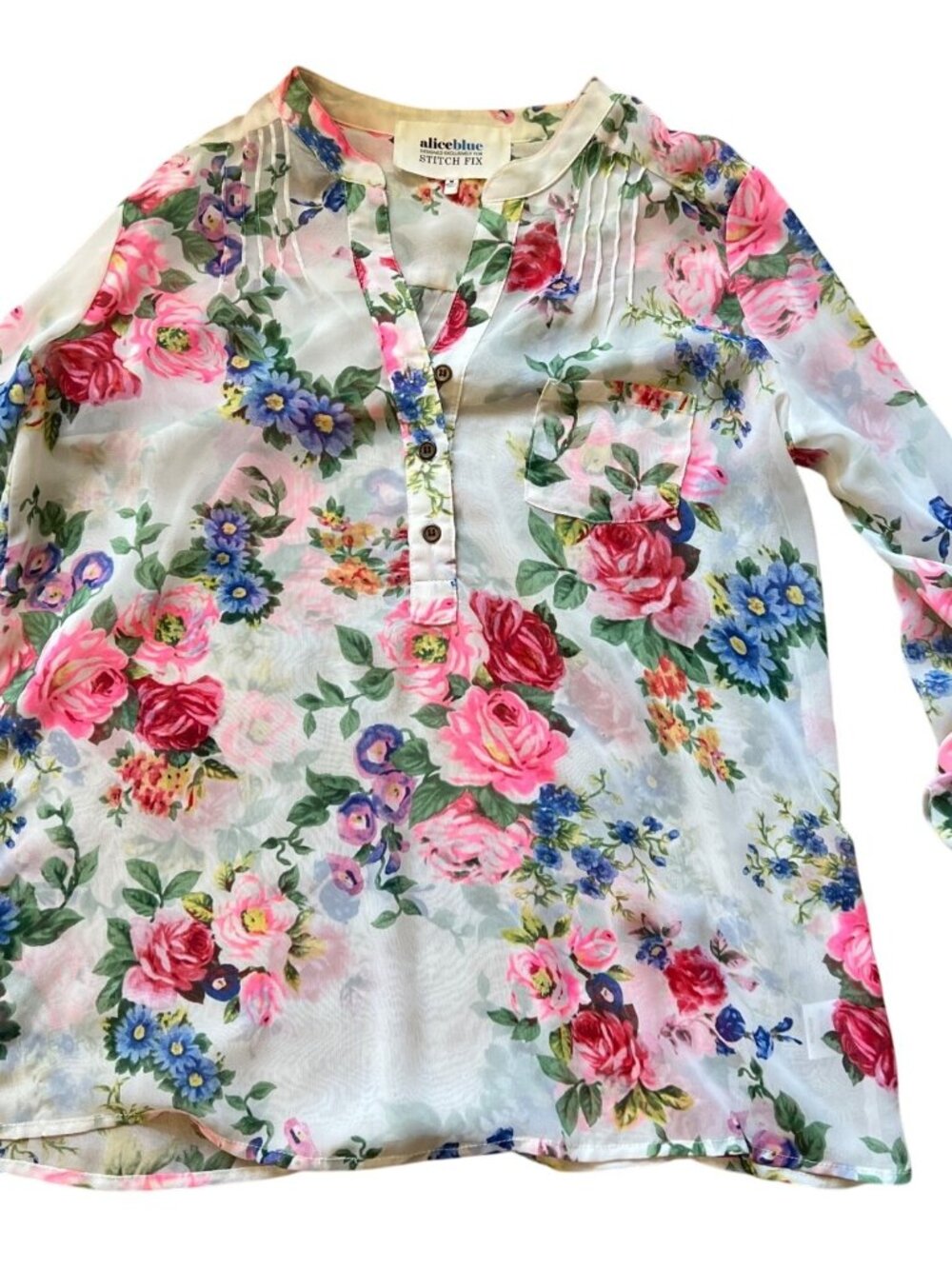 Alice Blue sheer white multi color floral blouse V neck Women M